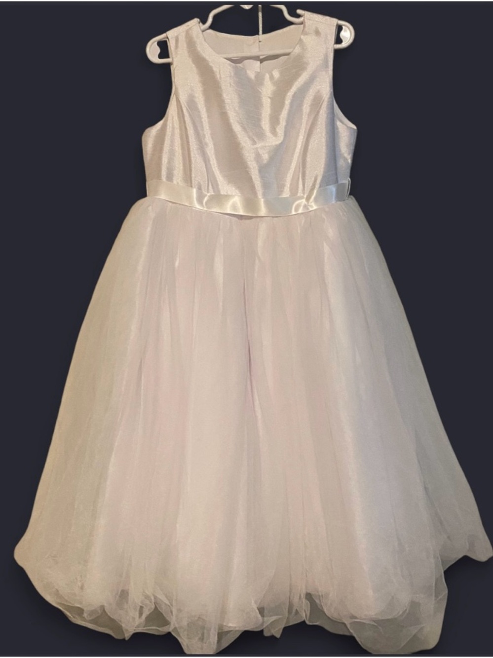 David's Bridal White Satin and Tulle Flower Girl Dress